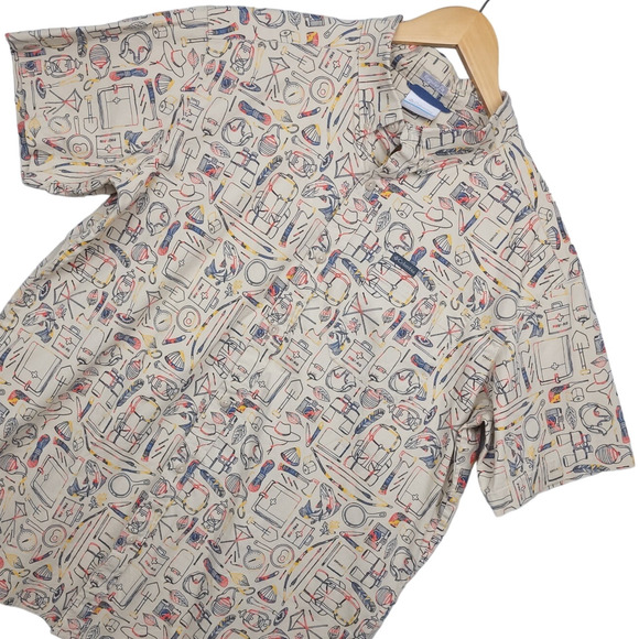 Columbia Men's Rapid Rivers Short Sleeve Button-Up Shirt Sz Large Beige AOP EUC - Picture 1 of 14